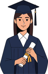 Illustration showcases a young woman graduate in cap and gown, holding her diploma with a smile, symbolizing academic achievement and the joy of graduation day.