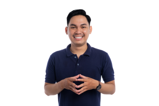 Smiling Asian man showing steeple hands gesture with confident and friendly expression isolated on transparent background - Powered by Adobe