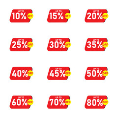 A set of sale offer and percentage sticker discount label. price tag vector illustration sign. retails promotion symbol. 10% off to 80% off sticker. 