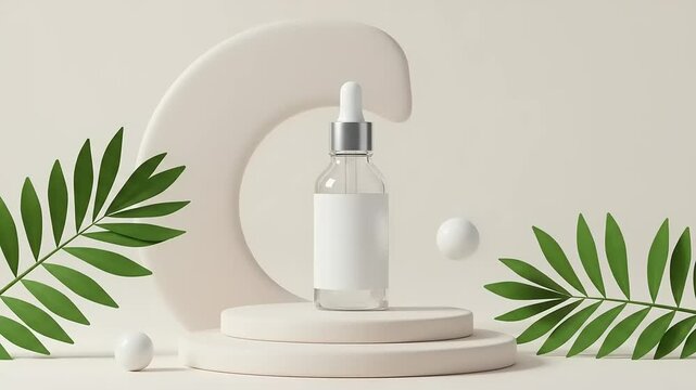 Blank bottle mockup with leaves and a podium