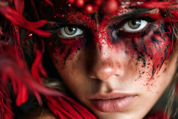 Naklejka premium Shaman woman wearing red makeup and feathers crown