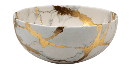 A coated canvas serving bowl with metallic inlay accents, white background --ar 16:9