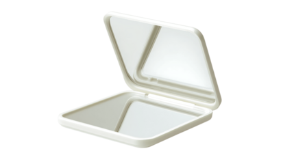 A eco-friendly bioplastic folding mirror with smooth tapered edges, white background --ar 16:9