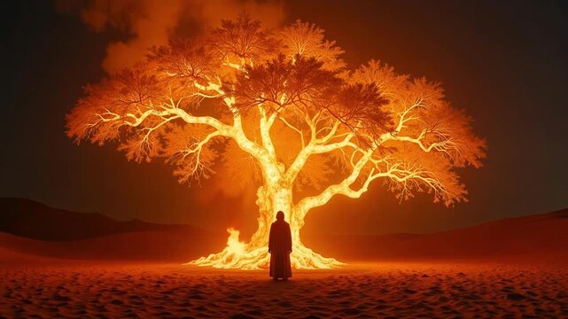 Radiant Burning Bush Glowing with Ethereal Light in Desert Facing Solitary Figure &ndash; 4K Spiritual Cinematic Footage