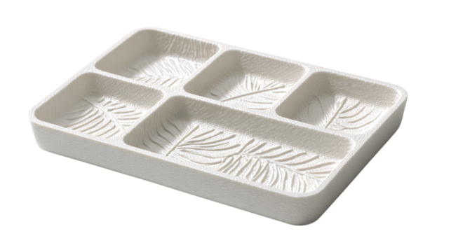 A eco-friendly bioplastic organizer tray featuring textured detailing, white background --ar 16:9
