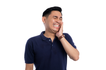 Asian man suffering from toothache with painful facial expression and hand on cheek isolated on transparent background