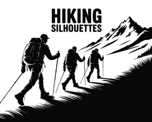 Silhouette artwork of hikers trekking through mountain landscape with trees, lake and grass under bold hiking silhouettes header