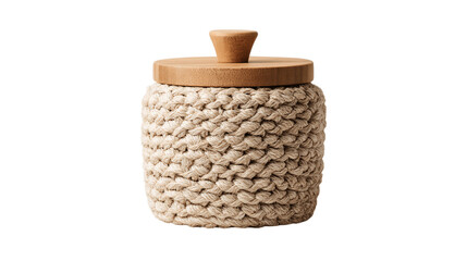 A handwoven jute coffee canister with a soft matte coating, white background --ar 16:9