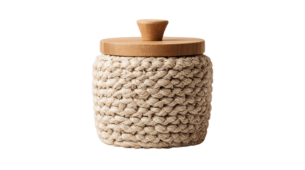 A handwoven jute coffee canister with a soft matte coating, white background --ar 16:9
