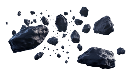 Scattered Asteroids Floating in Space with Dark Surfaces and Transparent Background