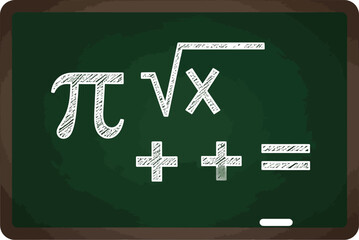 Mathematical equation with pi and square root of x is displayed on a green chalkboard, creating a visual representation of algebra and mathematical concepts.