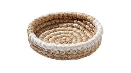 A handwoven jute ring dish featuring textured detailing, white background --ar 16:9