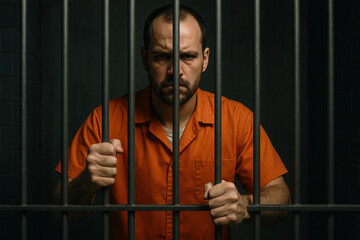 Man in orange prison uniform grips jail bars.