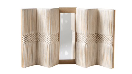 A natural hemp folding mirror designed for modern interiors, white background --ar 16:9