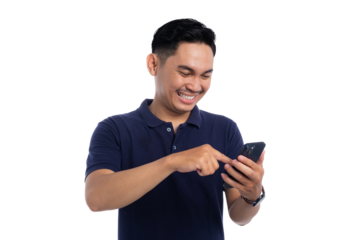 Happy Asian man using smartphone with smiling face while browsing or texting isolated on transparent background