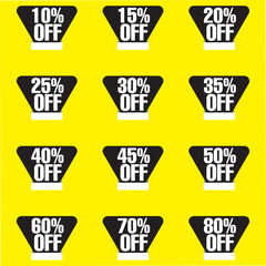 Sticker sale offer badge icon vector set. different value sign label design. 10, 15, 20, 25, 30, 35, 40, 45, 50, 60, 70, 80 percent off. buy cart sticker. 