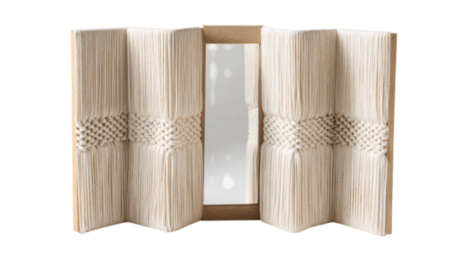 A natural hemp folding mirror designed for modern interiors, white background --ar 16:9