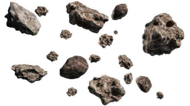 Scattered Asteroids in Space Representing Celestial Rocks with Irregular Shapes and Textures