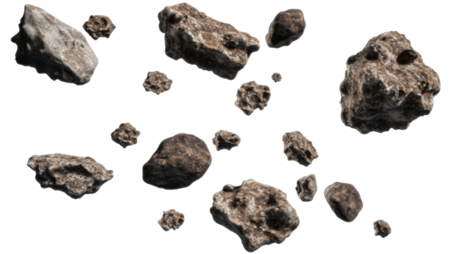 Scattered Asteroids in Space Representing Celestial Rocks with Irregular Shapes and Textures