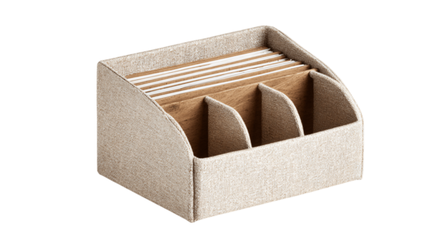 A natural hemp letter holder built for compact organization, white background --ar 16:9