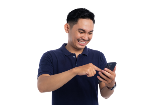 Happy Asian man using smartphone with smiling face while browsing or texting isolated on transparent background