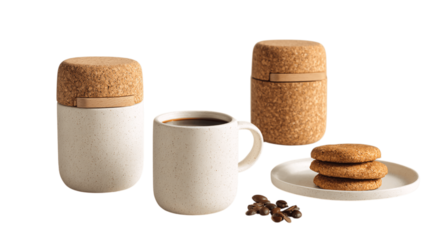 A sustainable cork coffee canister featuring stackable function, white background --ar 16:9