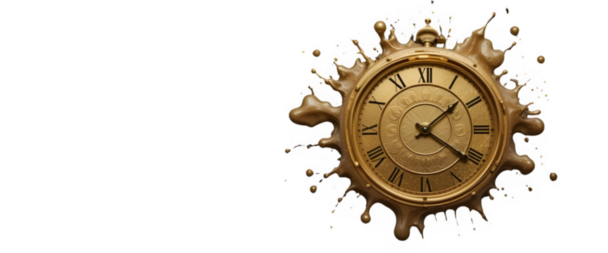 Melting golden clock symbol over a dark velvet background, symbolizing the passage of time and memory.