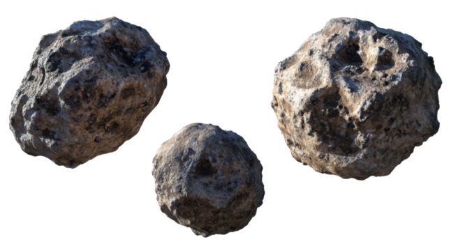 Three Irregular Asteroids with Rough Surfaces Against a Transparent Background