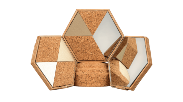 A sustainable cork folding mirror with metallic inlay accents, white background --ar 16:9