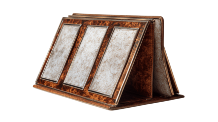 A vintage leather recipe holder with metallic inlay accents, white background --ar 16:9