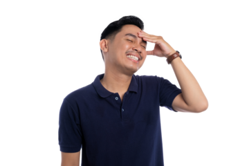 Asian man smiling with hand on forehead showing regret or realization isolated on transparent background
