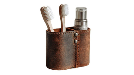 A vintage leather toothbrush holder in contemporary minimal style, white background --ar 16:9
