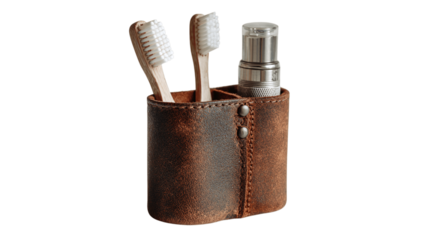 A vintage leather toothbrush holder in contemporary minimal style, white background --ar 16:9