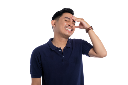 Asian man smiling with hand on forehead showing regret or realization isolated on transparent background - Powered by Adobe
