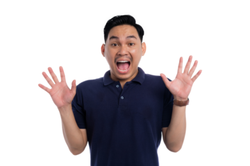 Surprised Asian man raising hands with wide eyes and open mouth expressing shock isolated on transparent background