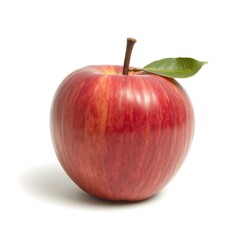 Photo of a single ripe red apple with a green leaf and stem, isolated on white background