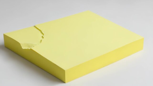 Close Up of Light Yellow Sticky Note Pad with Corner Torn Off on Neutral Surface Revealing Layers of Paper and Emphasizing Texture