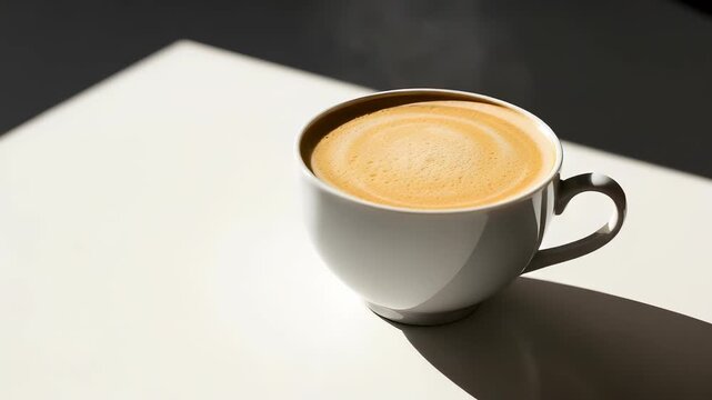 Close Up White Coffee Mug with Light Brown Coffee on White Table Under Direct Sunlight