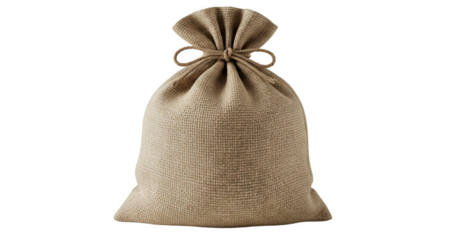 A tied burlap sack against a black background.