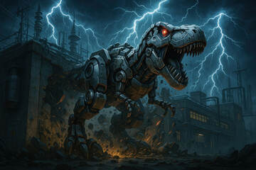 Dinosaur with lightning in the background.