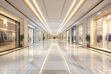 Spacious shopping mall corridor with elegant shop windows.