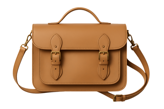 Vintage tan leather satchel handbag with double buckle flap and top handle design isolated on transparent background