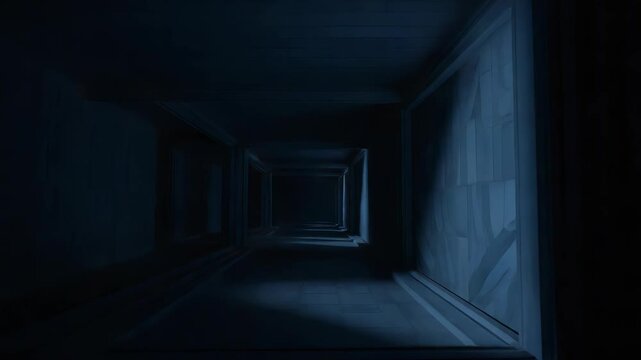 Dark Blue Lit Corridor Perspective with Parallel Lines and Closed Door