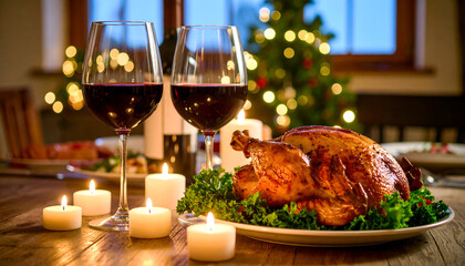 Christmas Roast Dinner with Wine, and Candles.