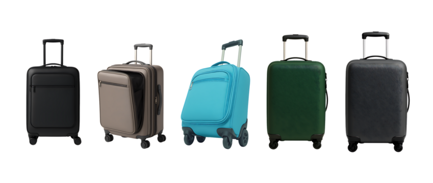 Variety of modern travel suitcases in different colors and styles with spinner wheels and handles isolated on transparent background