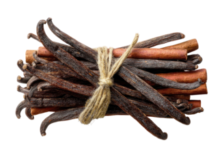 Vanilla Beans and Cinnamon Sticks Tied Together on Transparent Background