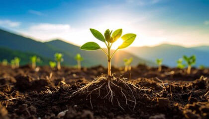 Young Plant with Visible Roots Growing in Soil Under a Warm Sunlit Sky