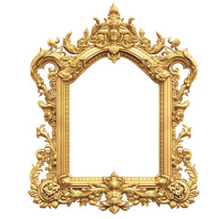 Ornate golden frame with intricate floral and classical design on transparent background