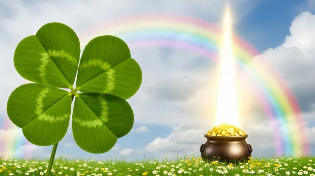 Four Leaf Clover with Golden Pot at Meadow against Rainbow and Sky
