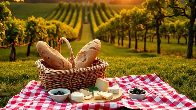 A picnic basket with bread and cheese on a red and white checkered blanket in a vineyard at sunset